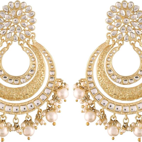 Gold Plated Kundan Faux Pearl Bridal Earrings & Maang Tikka Set Women - Picture 3 of 9